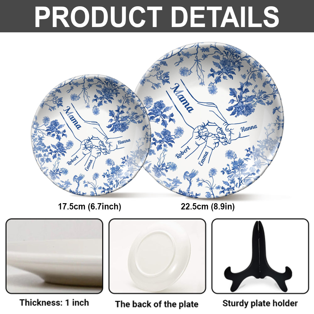 Classic White & Blue Mother Children Hands - Personalized Mother Ceramic Round Plate