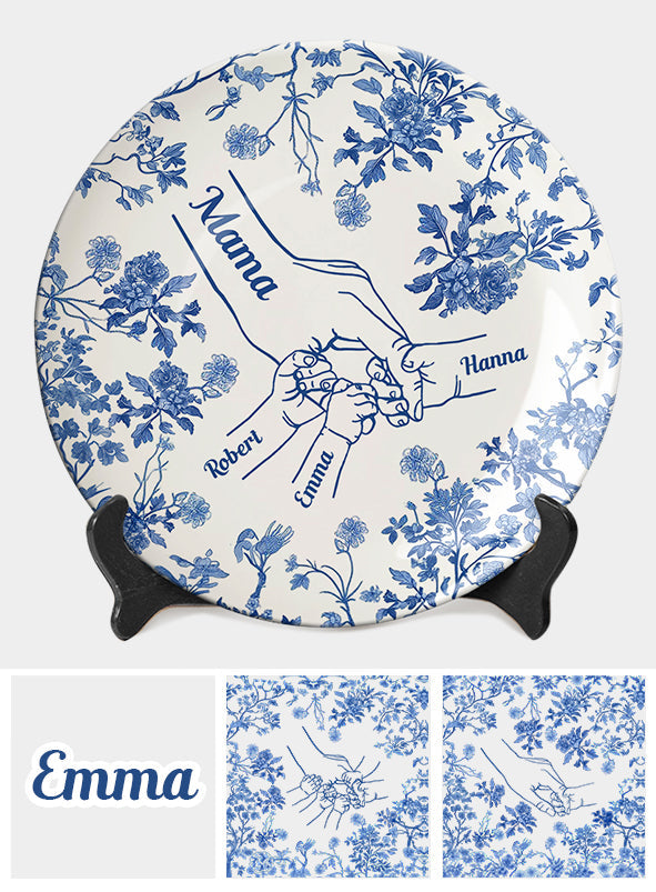 Classic White & Blue Mother Children Hands - Personalized Mother Ceramic Round Plate