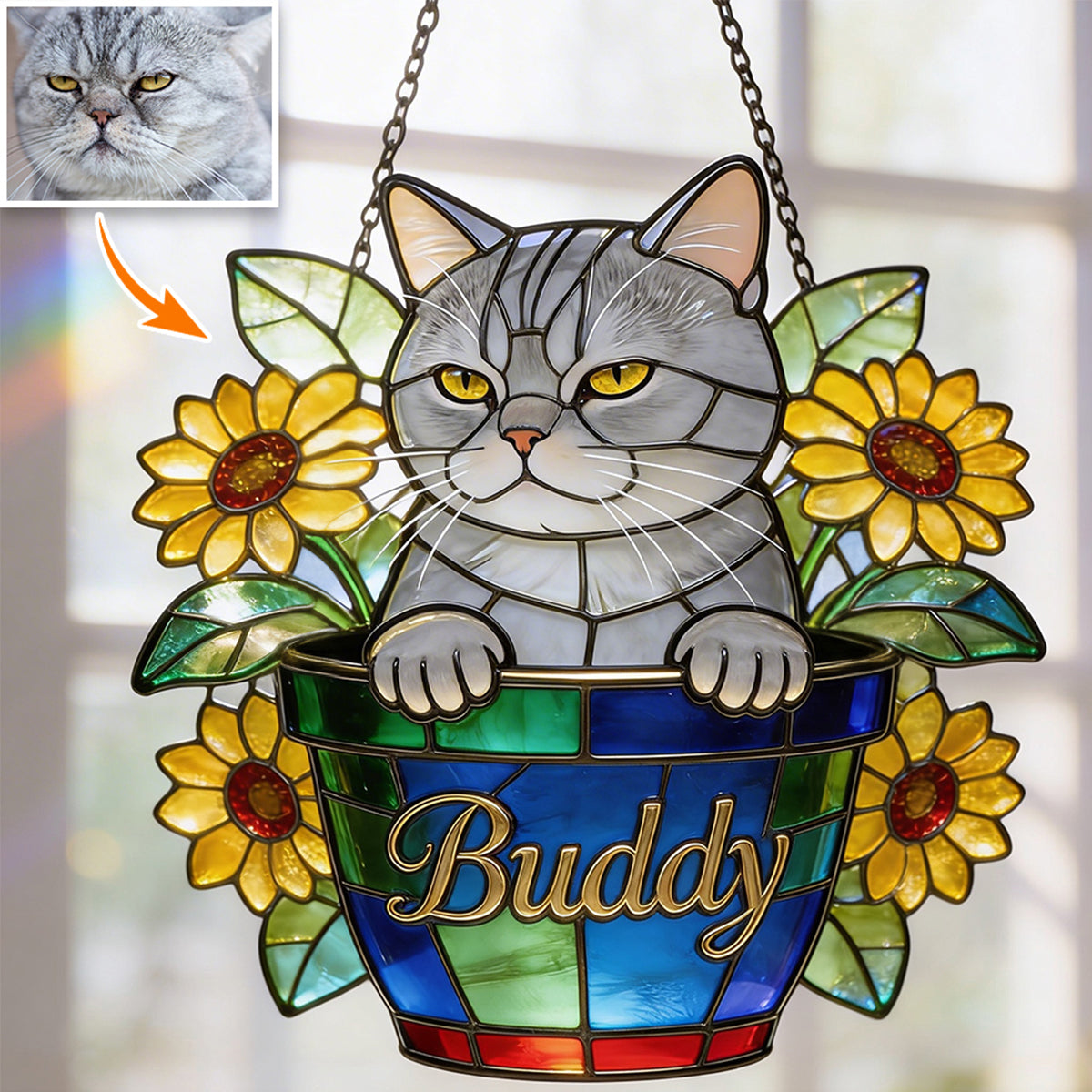 Cute Pets And Flowers - Personalized Cat Window Hanging Suncatcher Ornament