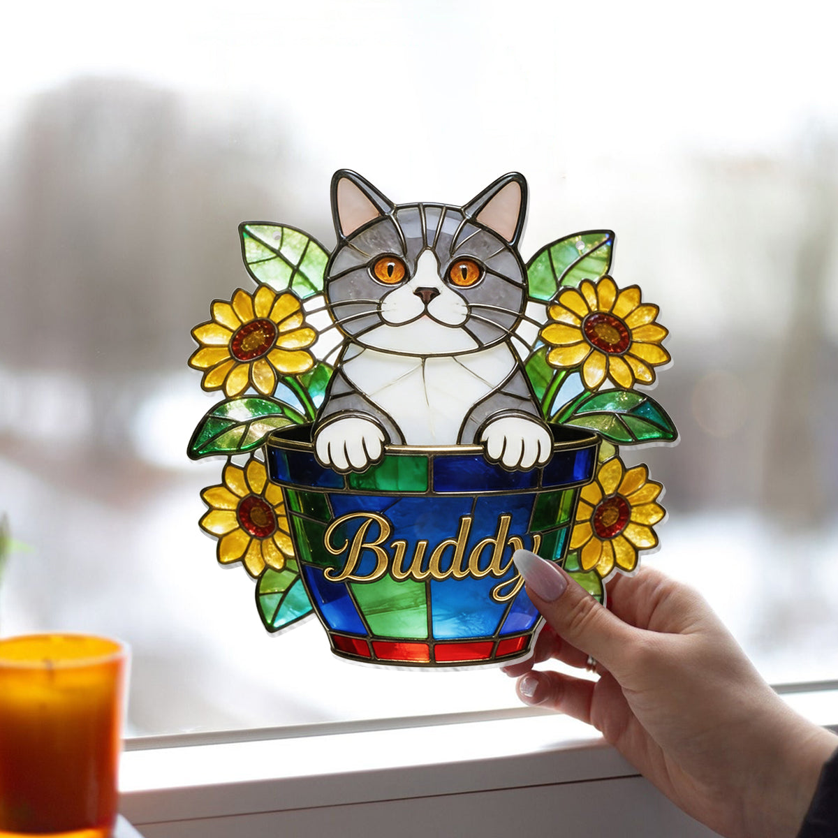 Cute Pets And Flowers - Personalized Cat Window Hanging Suncatcher Ornament