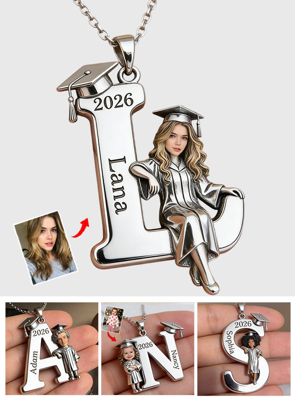 Graduation 2026 Custom Photo With Initials - Personalized Graduation Shaped Metal Pendant Necklace