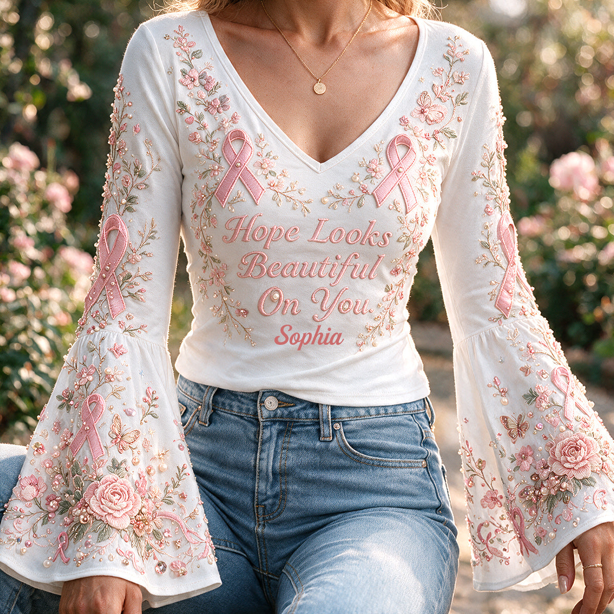 Breast Cancer Awareness Month - Personalized Breast Cancer Awareness Flare Long-Sleeve Shirt