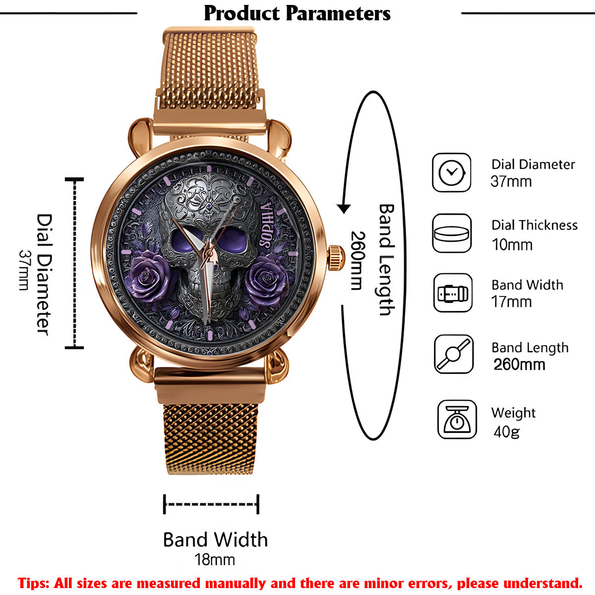 Montre-bracelet personnalisée pour femme Skull And Roses - Tête de mort 