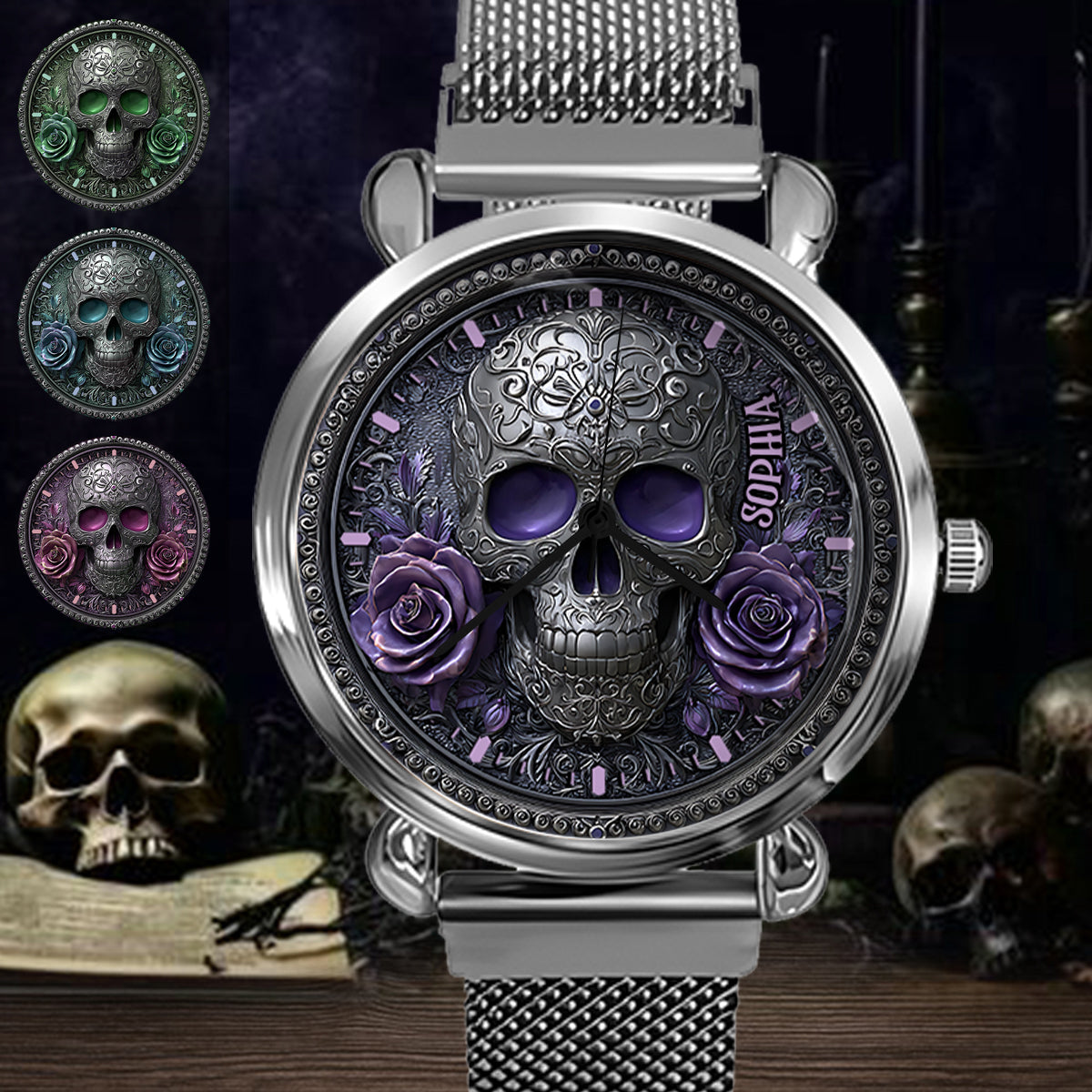 Montre-bracelet personnalisée pour femme Skull And Roses - Tête de mort 
