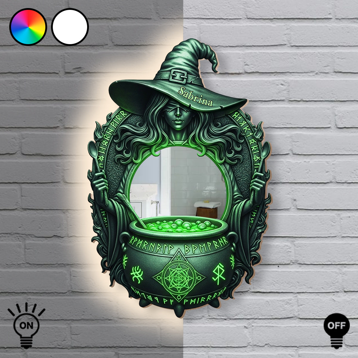 Soupe de sorcière mystique - Miroir mural de sorcière personnalisé avec lumière LED