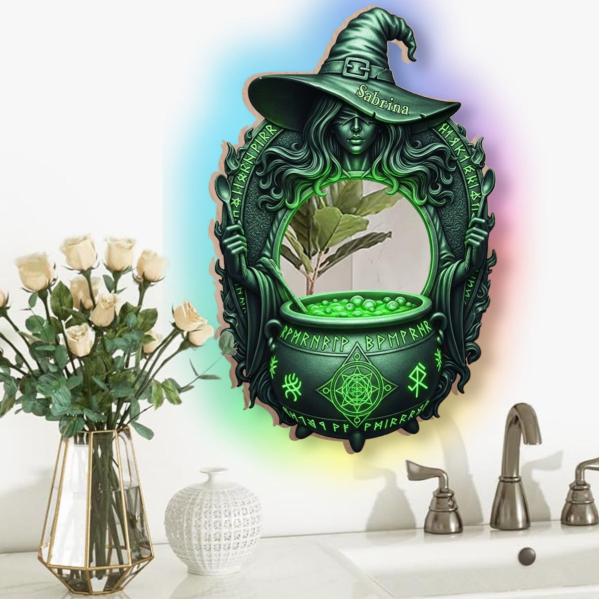 Soupe de sorcière mystique - Miroir mural de sorcière personnalisé avec lumière LED