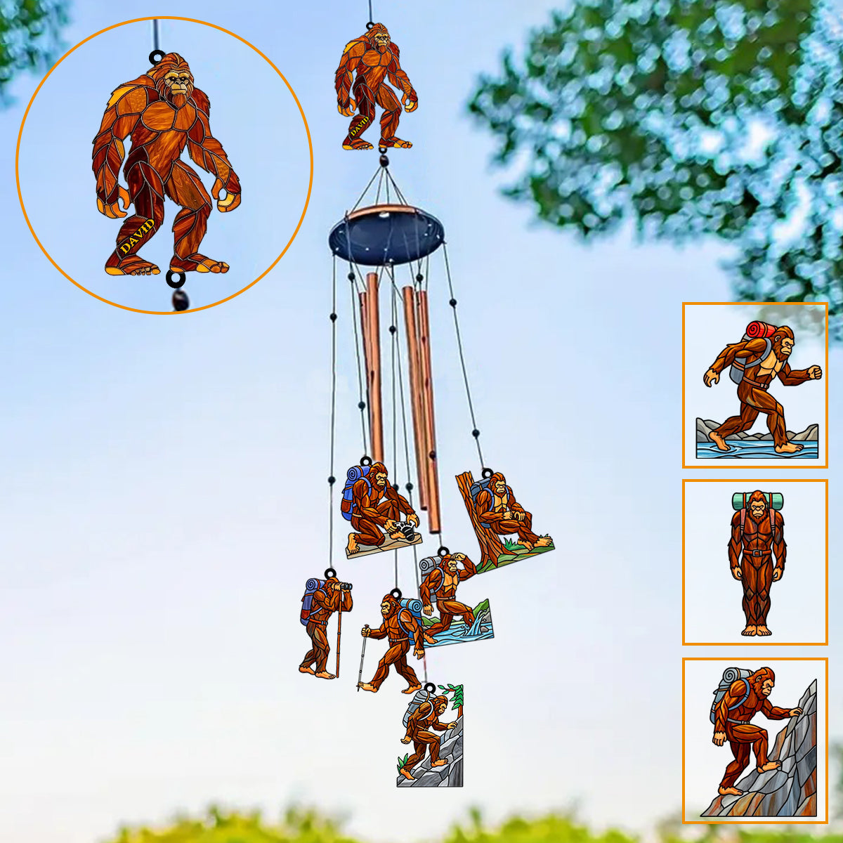 Carillon éolien de randonnée Sasquatch personnalisé avec breloques