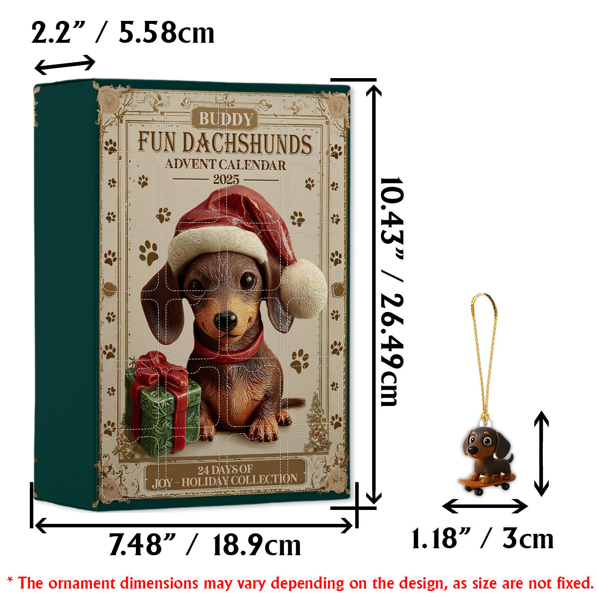 Calendrier de l'Avent personnalisé « J'adore les teckels » avec décorations