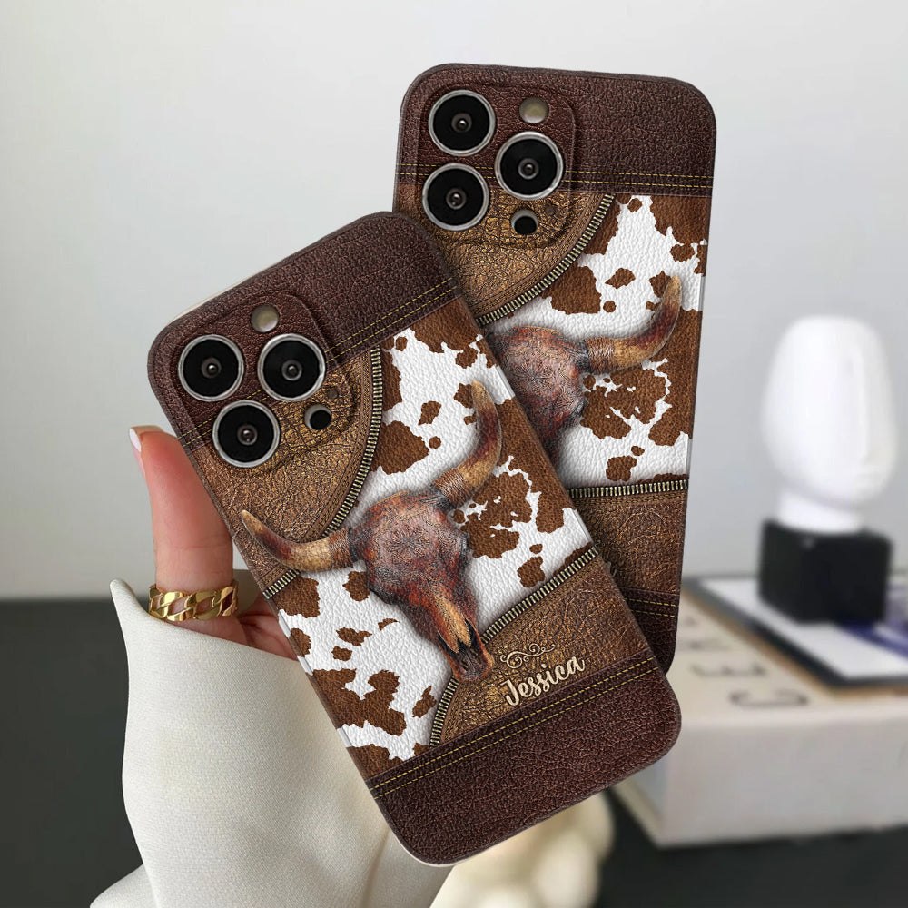 Étui de téléphone personnalisé en cuir western avec crâne de taureau squelette