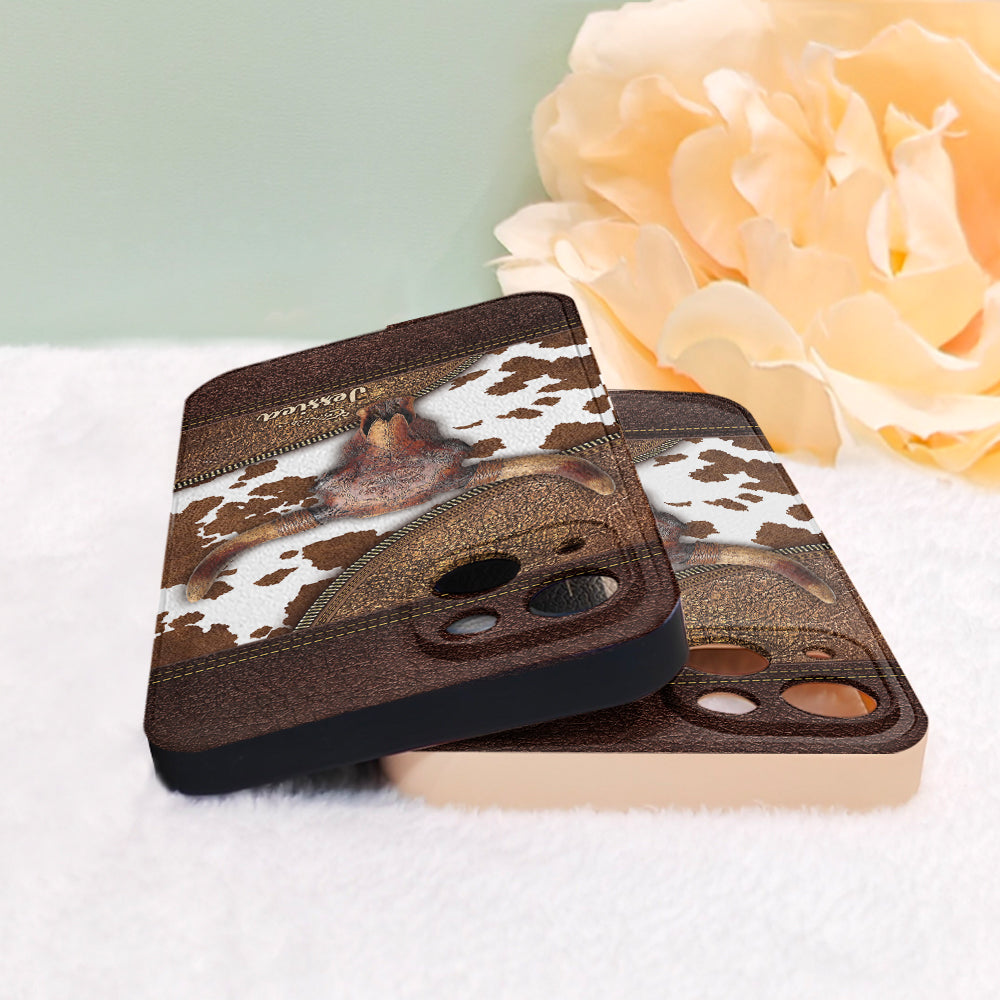 Étui de téléphone personnalisé en cuir western avec crâne de taureau squelette