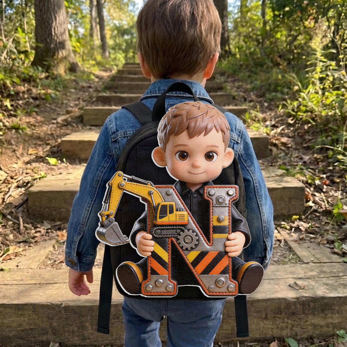 Alphabet Letter Construction Theme - Personalized Kid Changeable Leather Patch Backpack