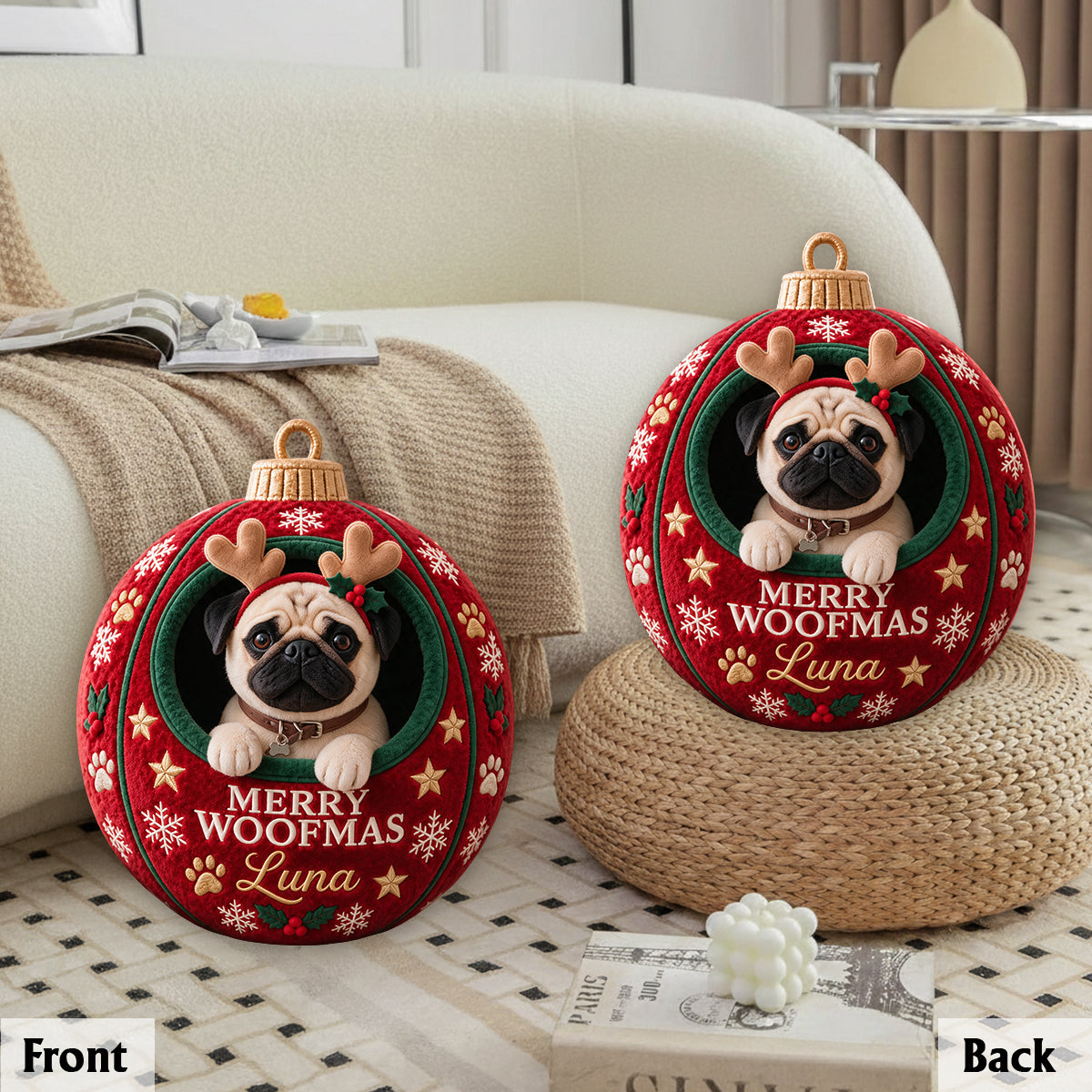 Ornement de Noël pour animaux - Cadeau amusant personnalisé - Coussin en fausse fourrure premium