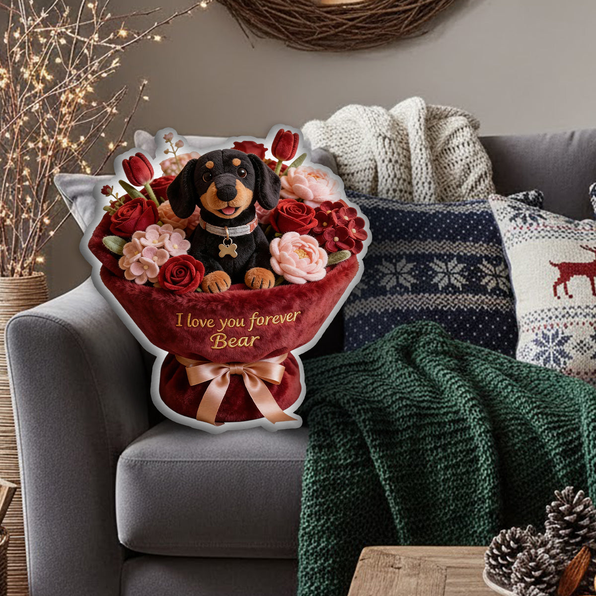 Coussin personnalisé en fausse fourrure en forme de chien, motif chiot et fleur