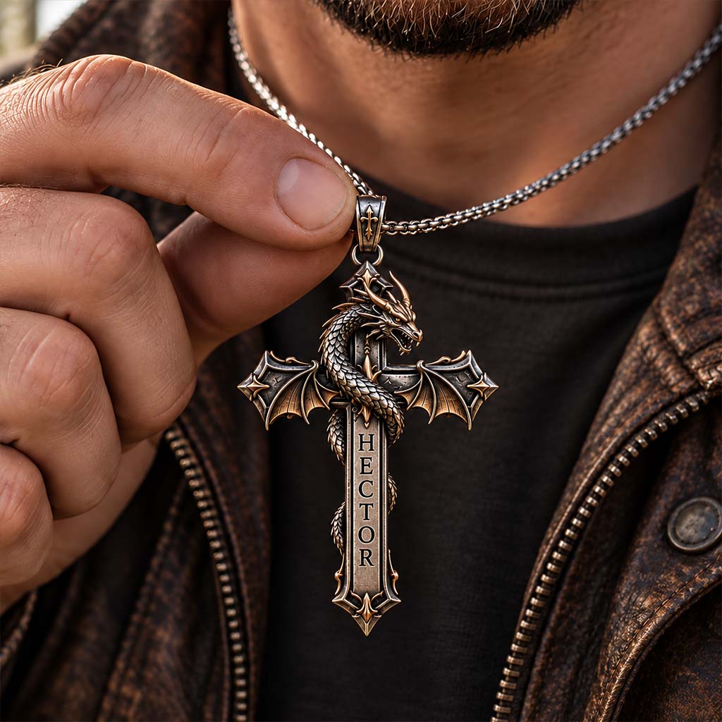 Faith & Fire — Dragon Cross Necklace - Personalized Dragon Shaped Metal Pendant Necklace