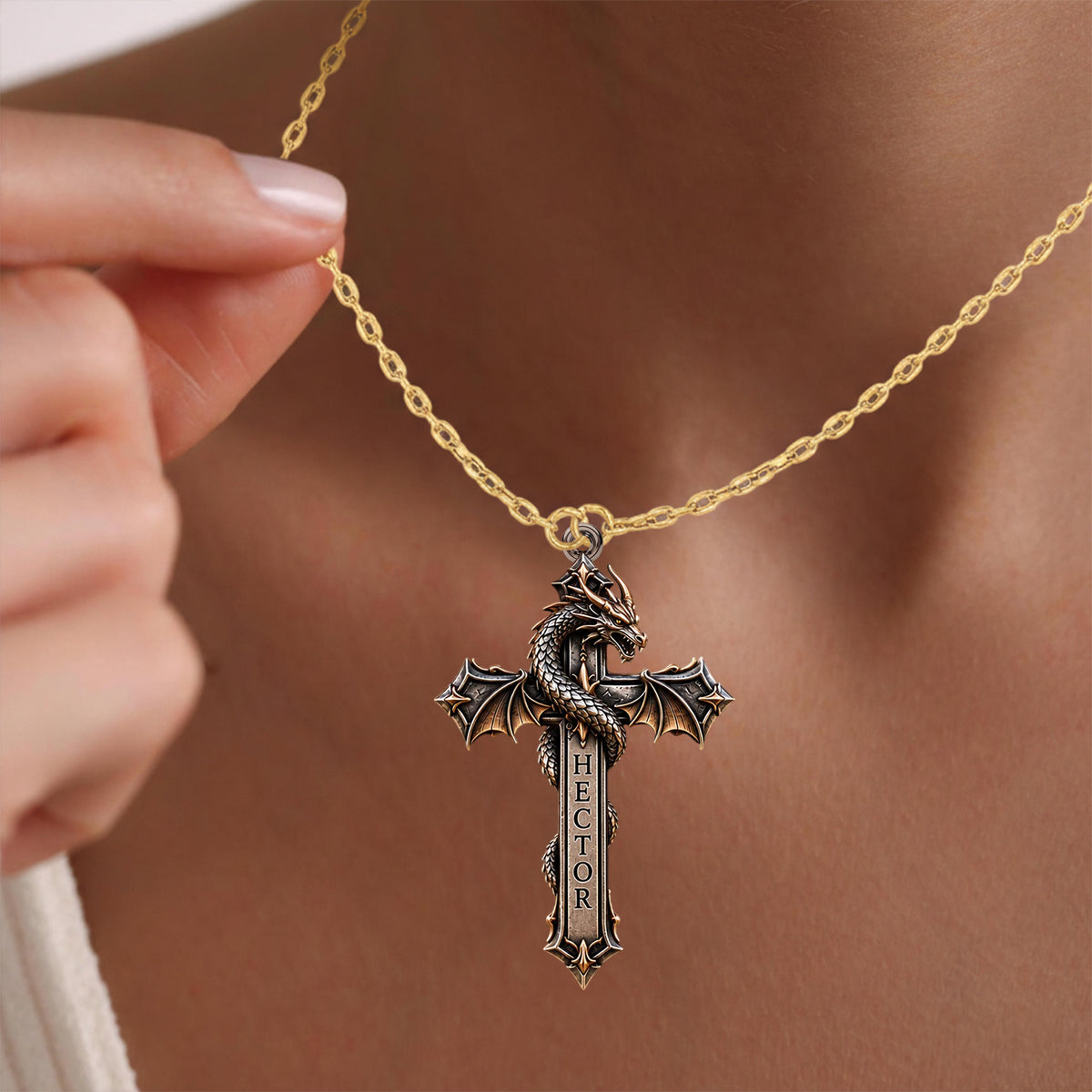 Faith & Fire — Dragon Cross Necklace - Personalized Dragon Shaped Metal Pendant Necklace