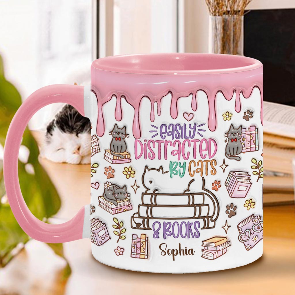 Facilement distrait(e) par les chats et les livres - Mug personnalisé à motif livre