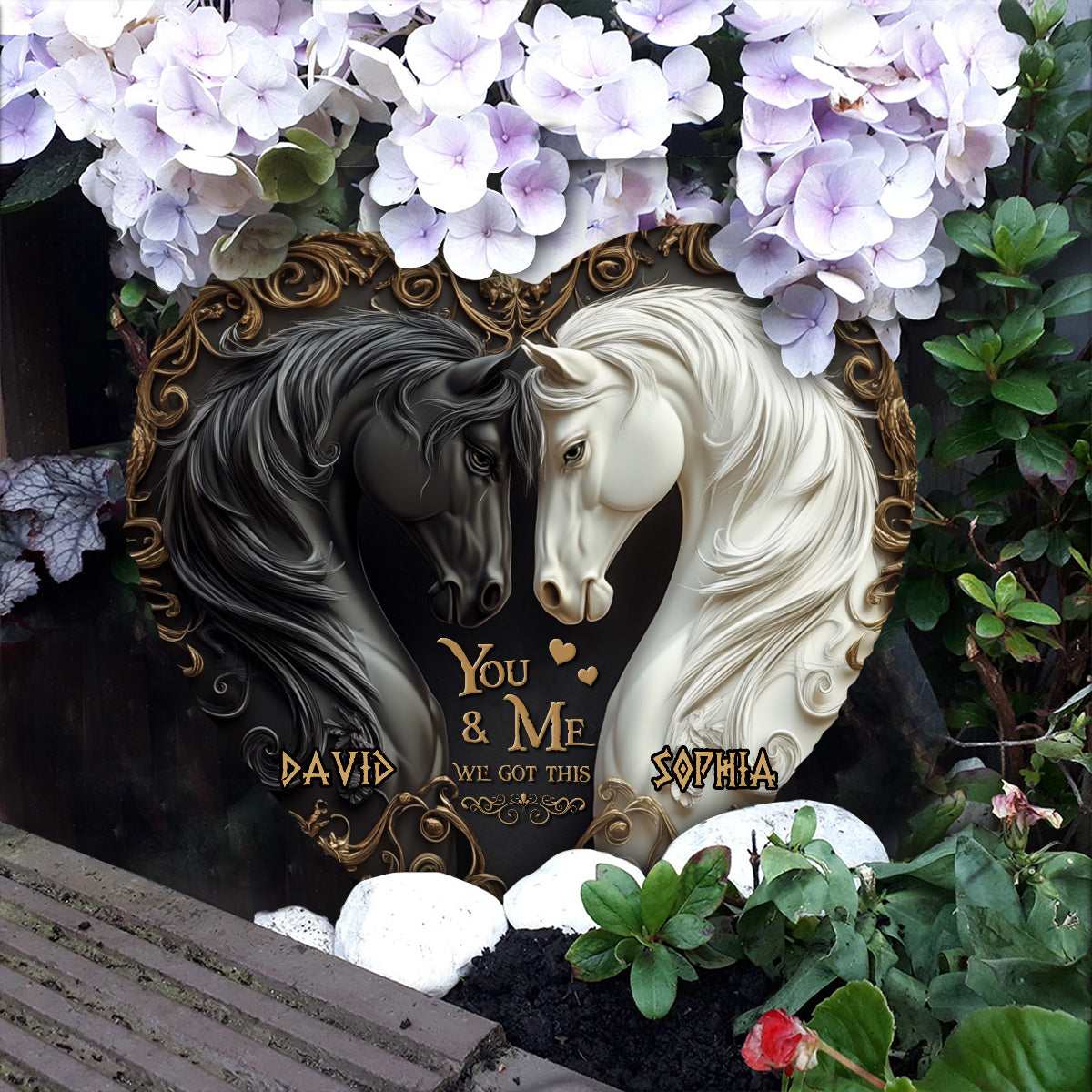 Toi et moi, on gère ! - Pierre personnalisée en forme de cœur avec motif cheval