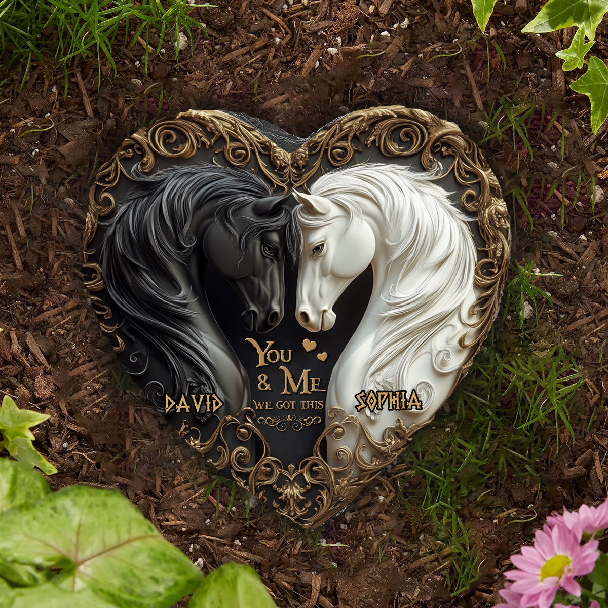 Toi et moi, on gère ! - Pierre personnalisée en forme de cœur avec motif cheval