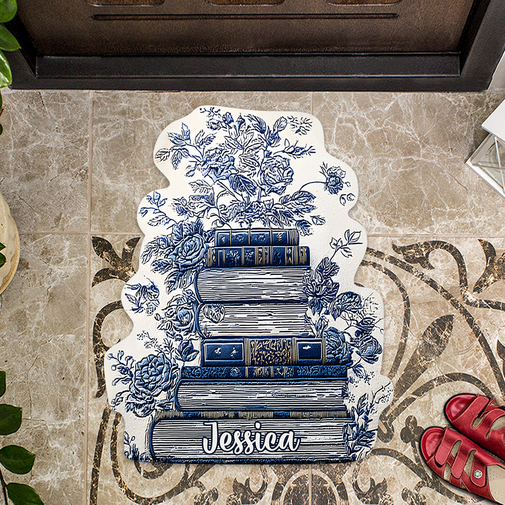 Paillasson/tapis de porte personnalisé en forme de livre, style Toile de Jouy, motif floral vintage