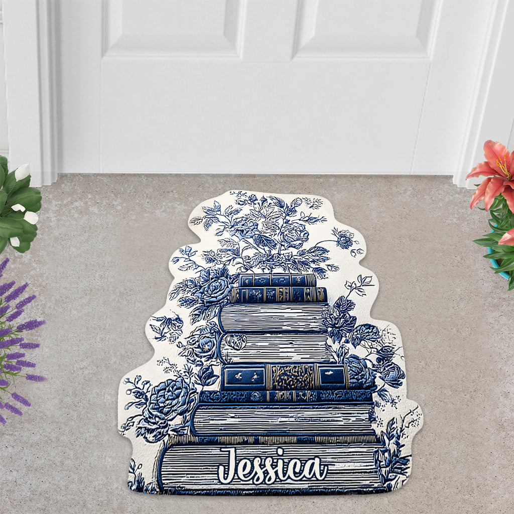 Paillasson/tapis de porte personnalisé en forme de livre, style Toile de Jouy, motif floral vintage