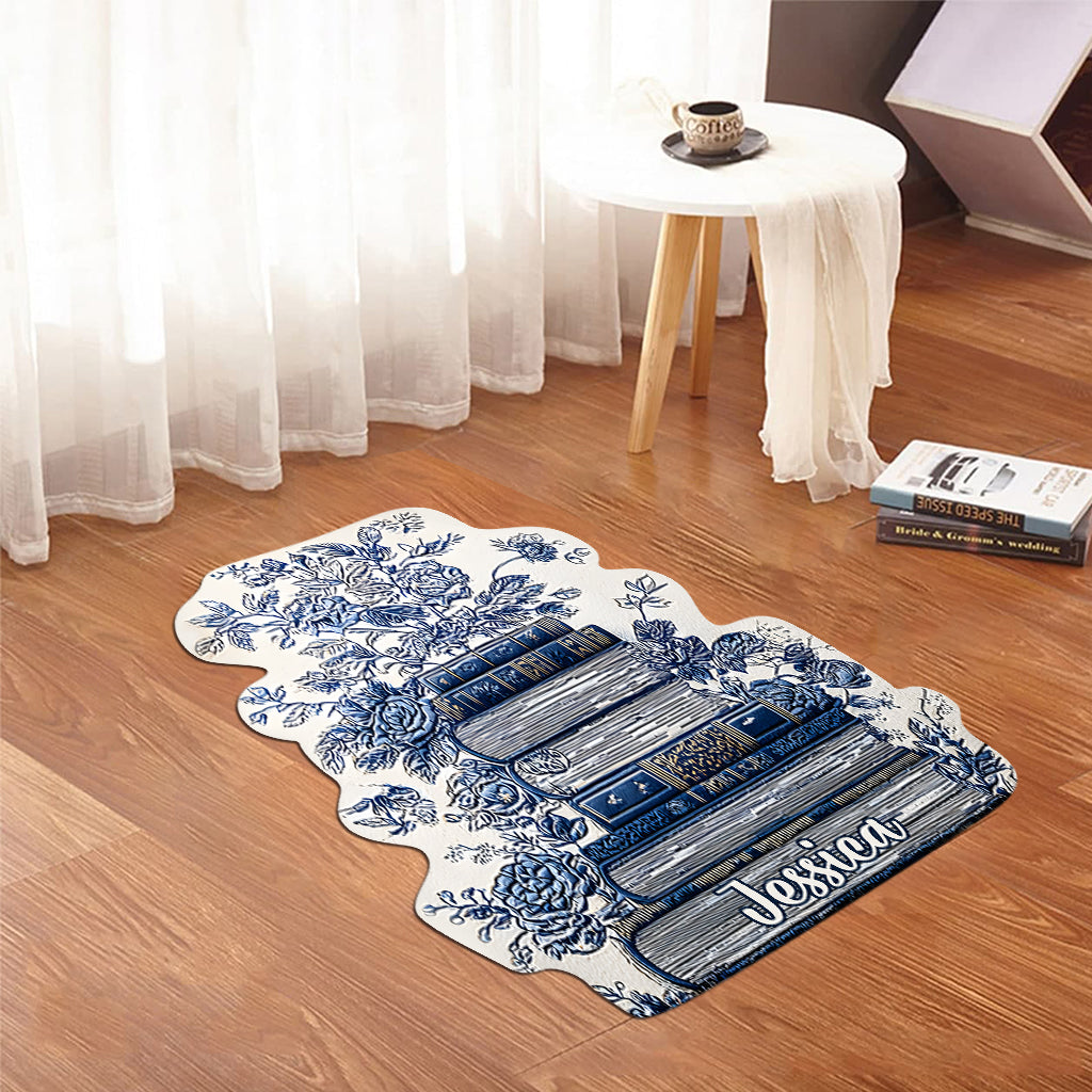 Paillasson/tapis de porte personnalisé en forme de livre, style Toile de Jouy, motif floral vintage