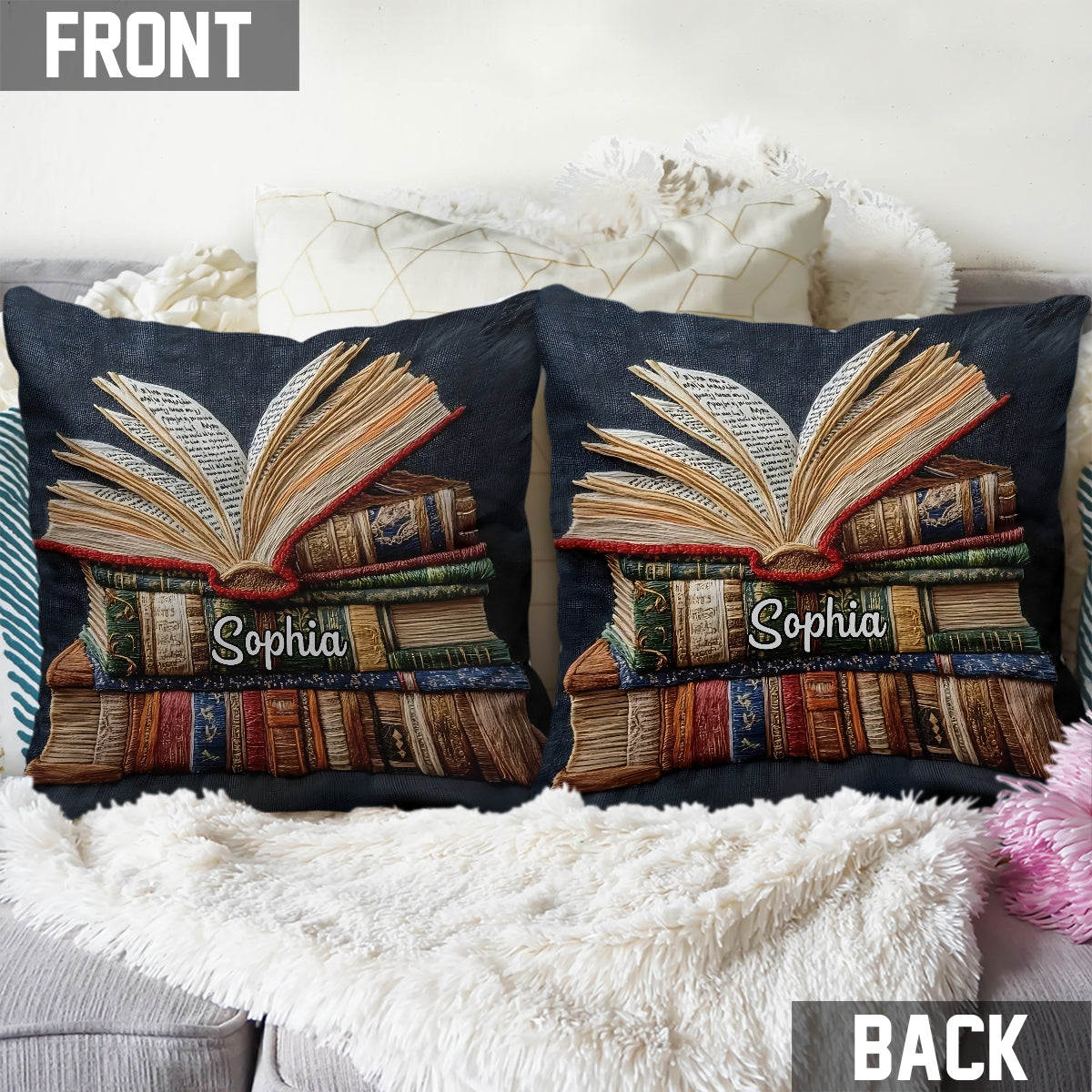Coussin décoratif personnalisé « J’aime les livres »
