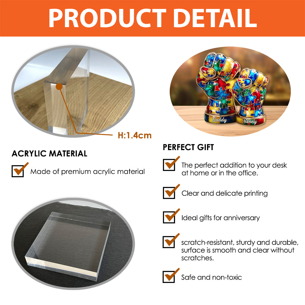 Autism Hand Dad And Kid - Personalized Autism Awareness Custom Shaped Acrylic Plaque