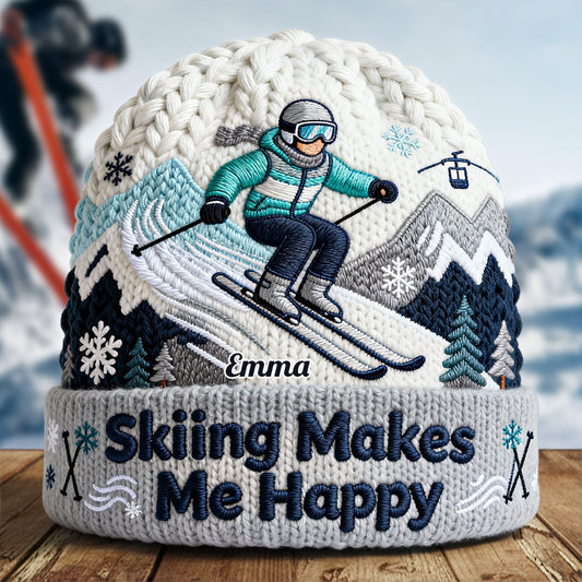 Skiing Makes Me Happy - Personalized Skiing Beanie Hat