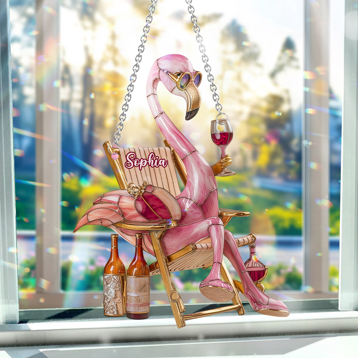 Flamant rose chic et vin - Ornement attrape-soleil personnalisé à suspendre à la fenêtre, motif flamant rose 