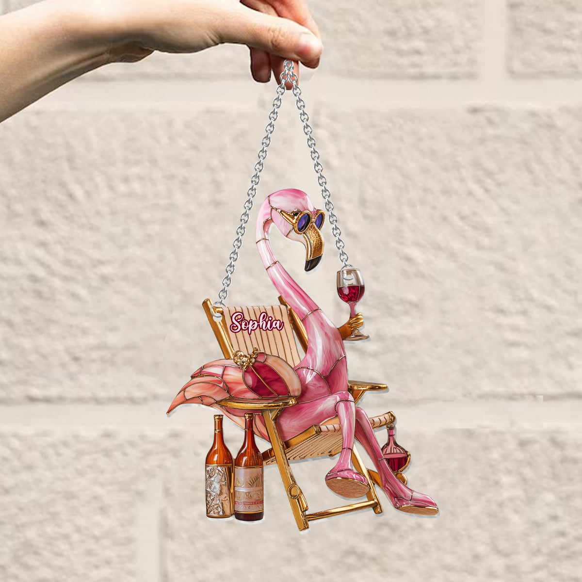 Flamant rose chic et vin - Ornement attrape-soleil personnalisé à suspendre à la fenêtre, motif flamant rose 