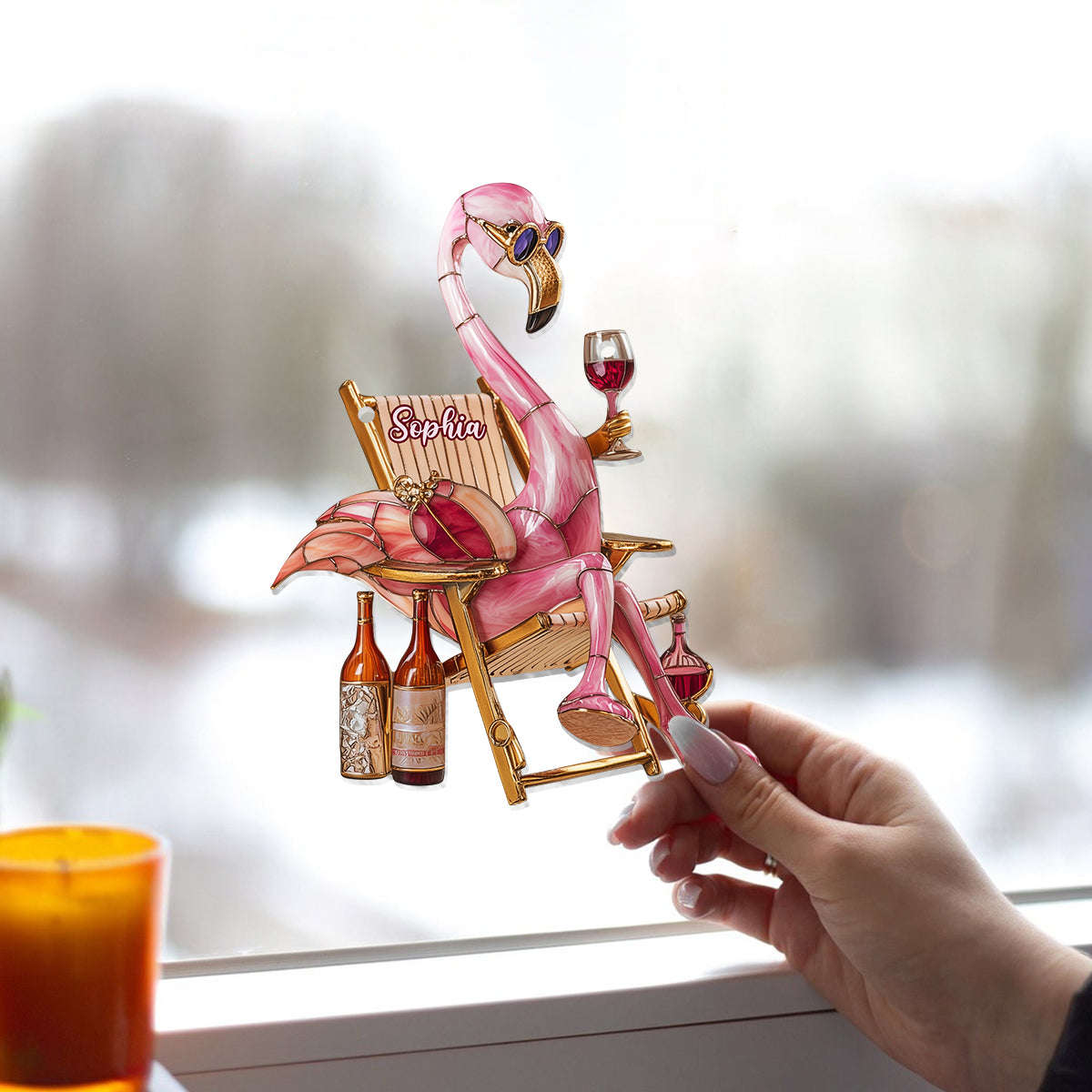 Flamant rose chic et vin - Ornement attrape-soleil personnalisé à suspendre à la fenêtre, motif flamant rose 