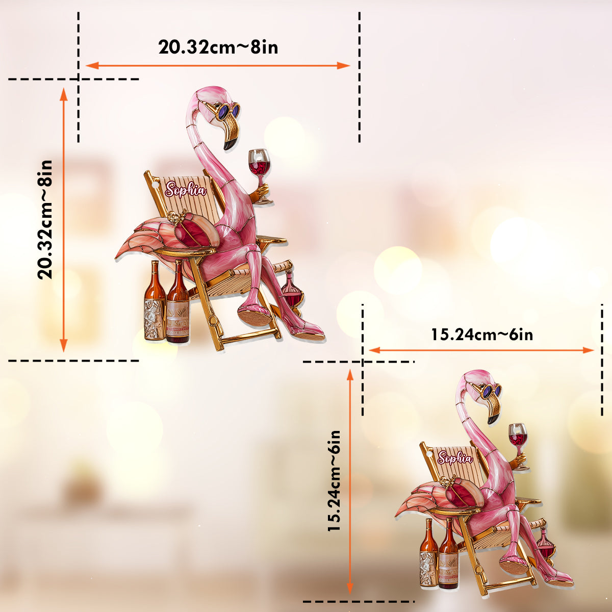 Flamant rose chic et vin - Ornement attrape-soleil personnalisé à suspendre à la fenêtre, motif flamant rose 