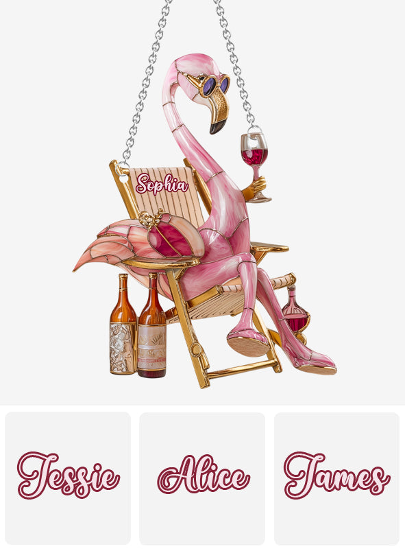 Flamant rose chic et vin - Ornement attrape-soleil personnalisé à suspendre à la fenêtre, motif flamant rose 