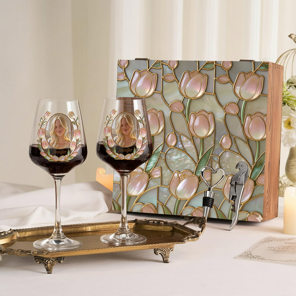 Coffret de verres à vin personnalisés avec photo et fleur pour votre mois de naissance - Coffret en bois « Amour de soi »