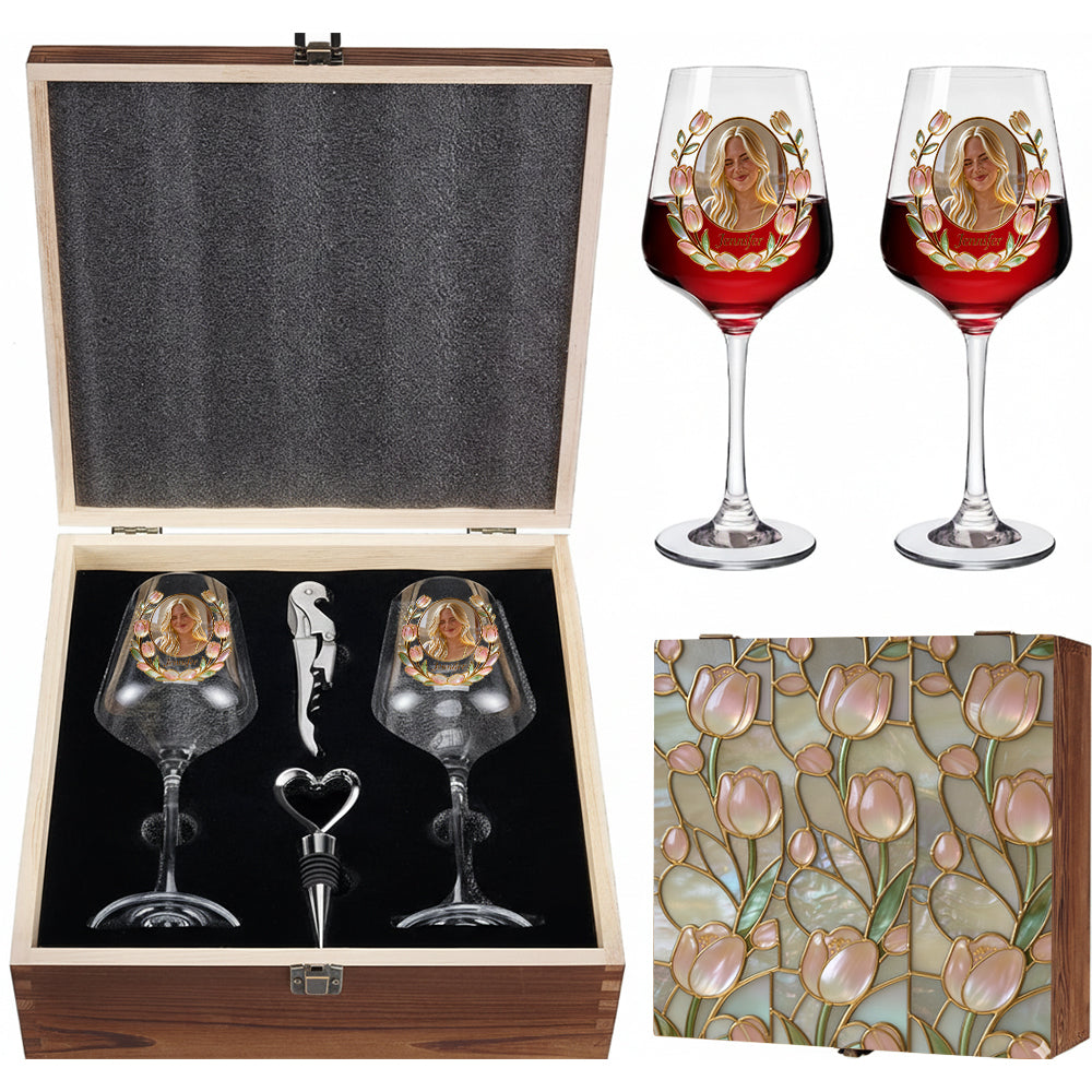 Coffret de verres à vin personnalisés avec photo et fleur pour votre mois de naissance - Coffret en bois « Amour de soi »