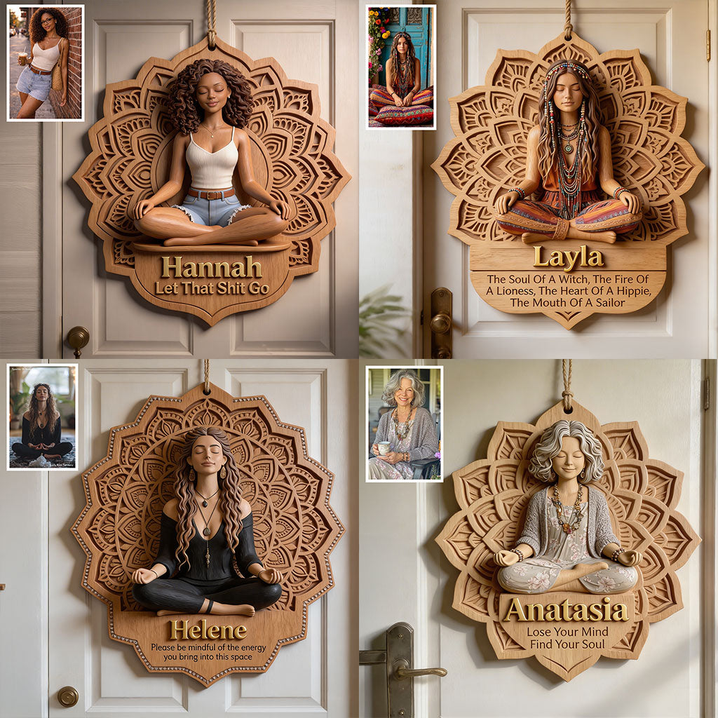 Méditation Soul Mandala - Panneau en Bois Personnalisé en Forme de Hippie