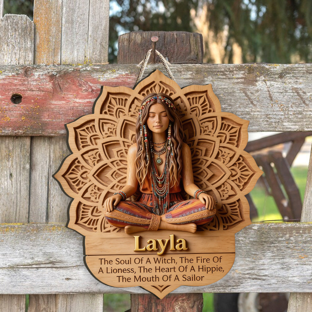 Méditation Soul Mandala - Panneau en Bois Personnalisé en Forme de Hippie
