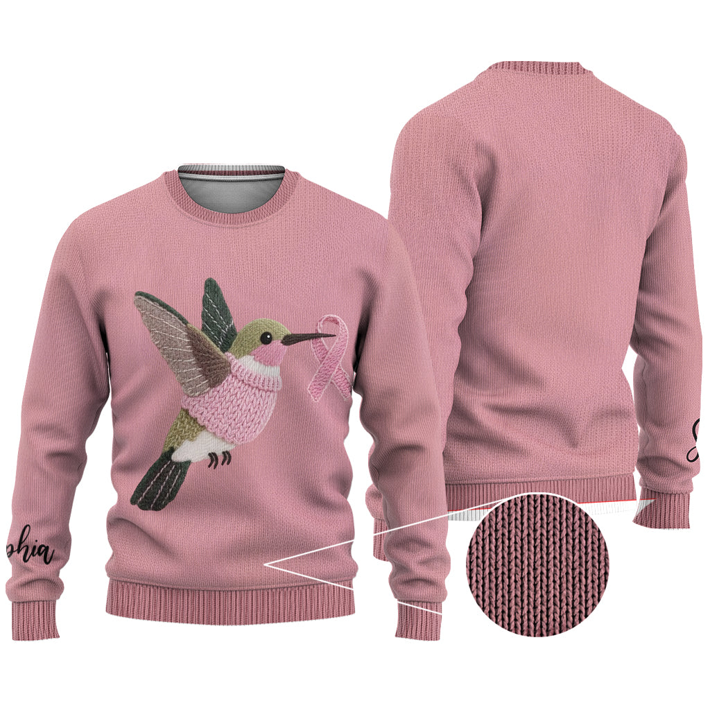 Pull moche rose colibri tricoté - Personnalisé pour la sensibilisation au cancer du sein