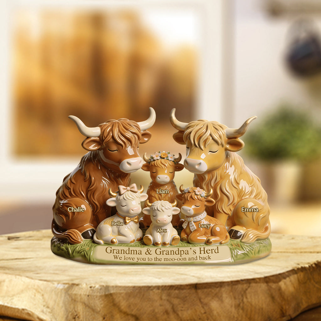 Famille de vaches Highland du troupeau de grand-mère et grand-père - Plaque acrylique personnalisée en forme de grand-mère