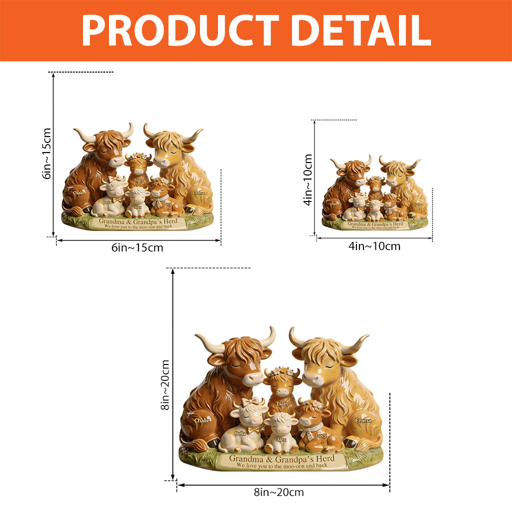 Famille de vaches Highland du troupeau de grand-mère et grand-père - Plaque acrylique personnalisée en forme de grand-mère