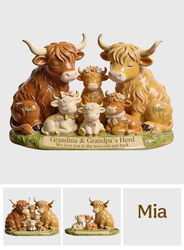Famille de vaches Highland du troupeau de grand-mère et grand-père - Plaque acrylique personnalisée en forme de grand-mère