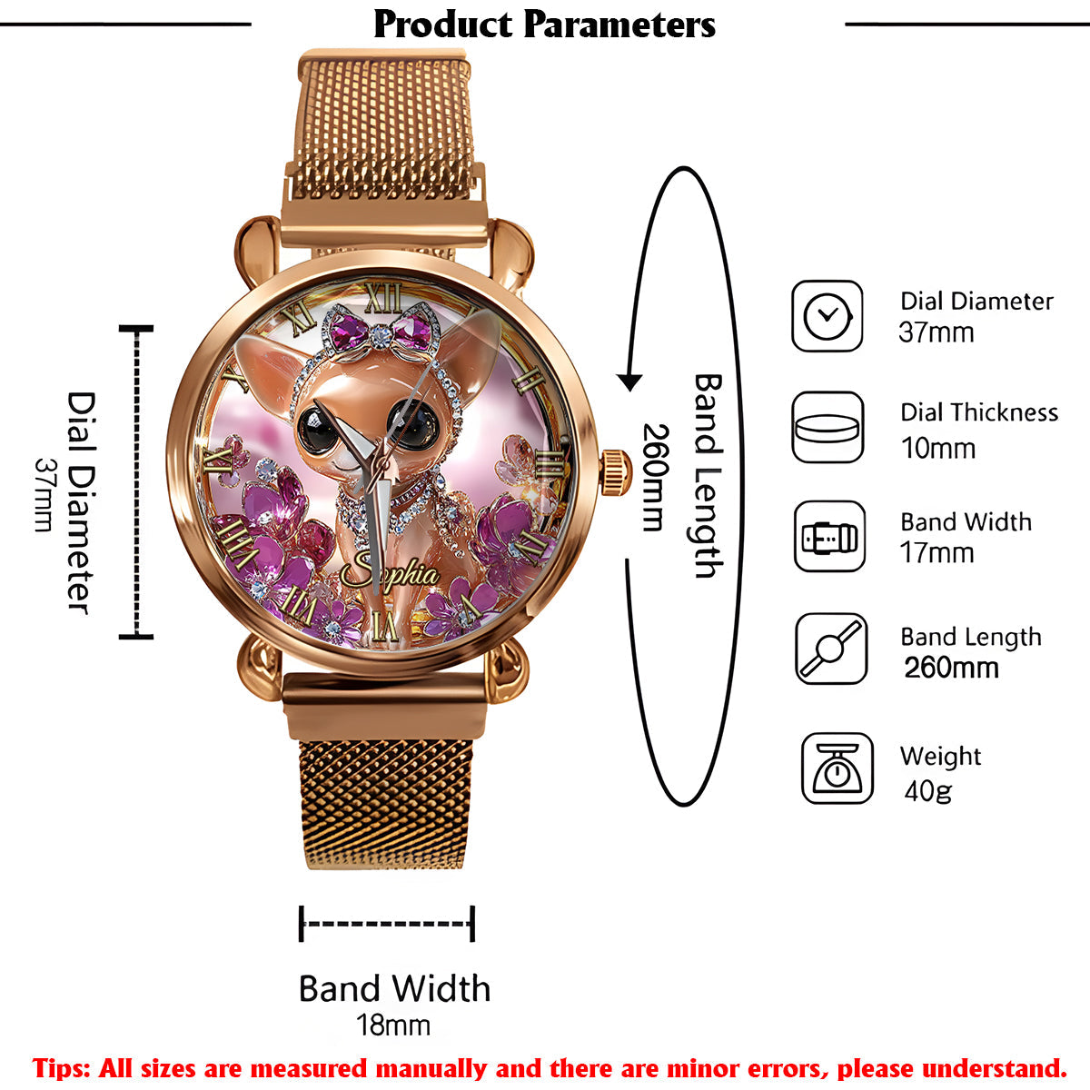 Montre-bracelet personnalisée pour femme « J’aime mon chihuahua » avec chien 