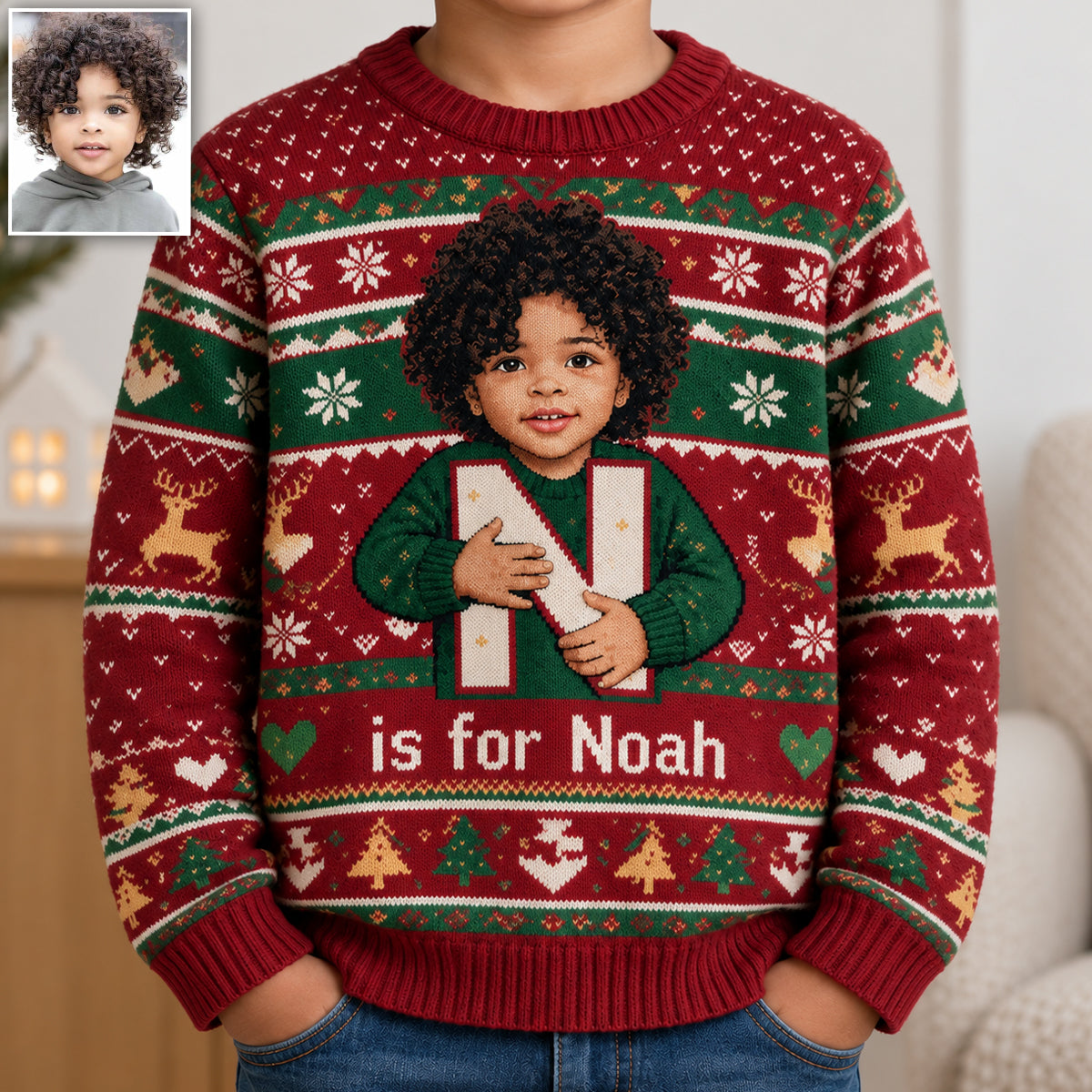 Photo Personnalisée - Alphabet Noël - Pull Moche Enfant
