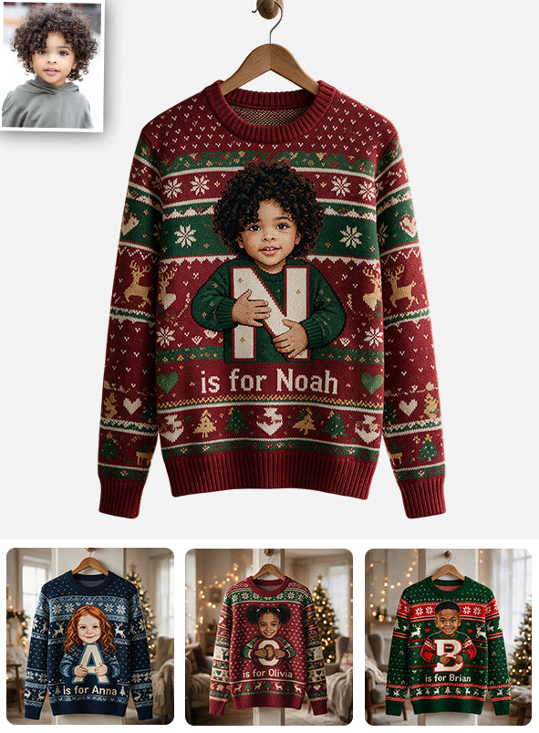 Photo Personnalisée - Alphabet Noël - Pull Moche Enfant