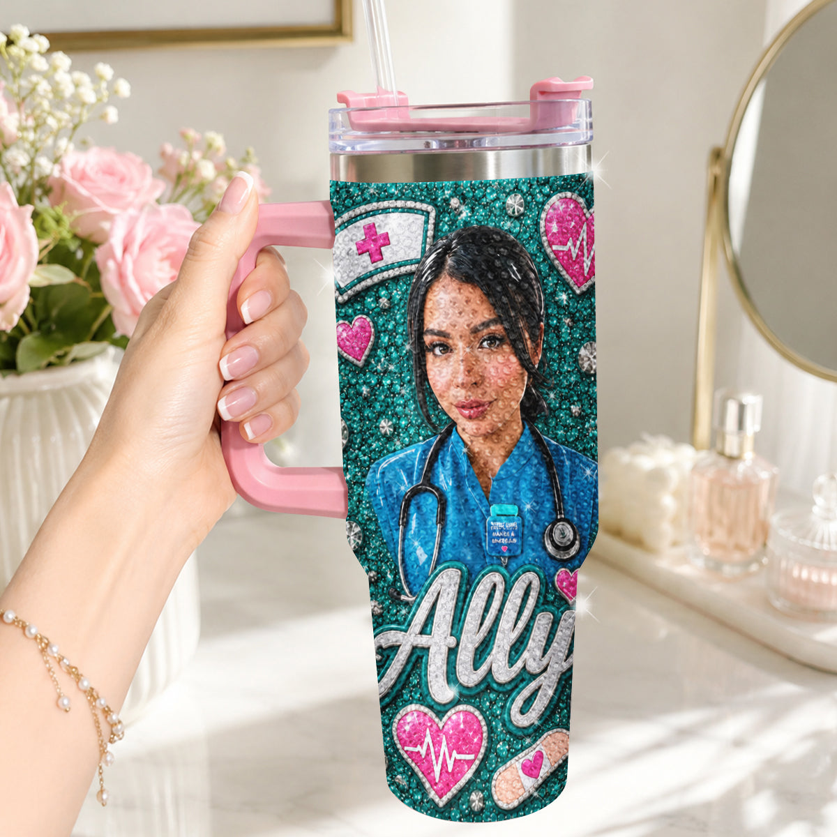 Cadeau pour Infirmière - Gobelet Personnalisé en Rhinestones avec Poignée