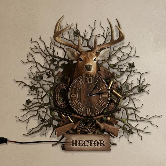 Cadeau pour chasseur de cerfs - Horloge murale lumineuse LED personnalisée pour la chasse