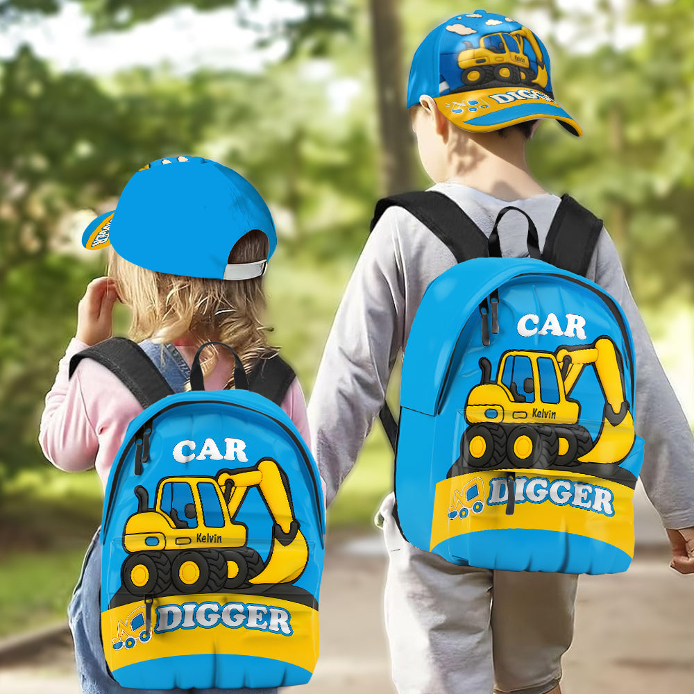 Cadeau enfant sur le thème de la pelleteuse : casquette et sac à dos classiques personnalisés.