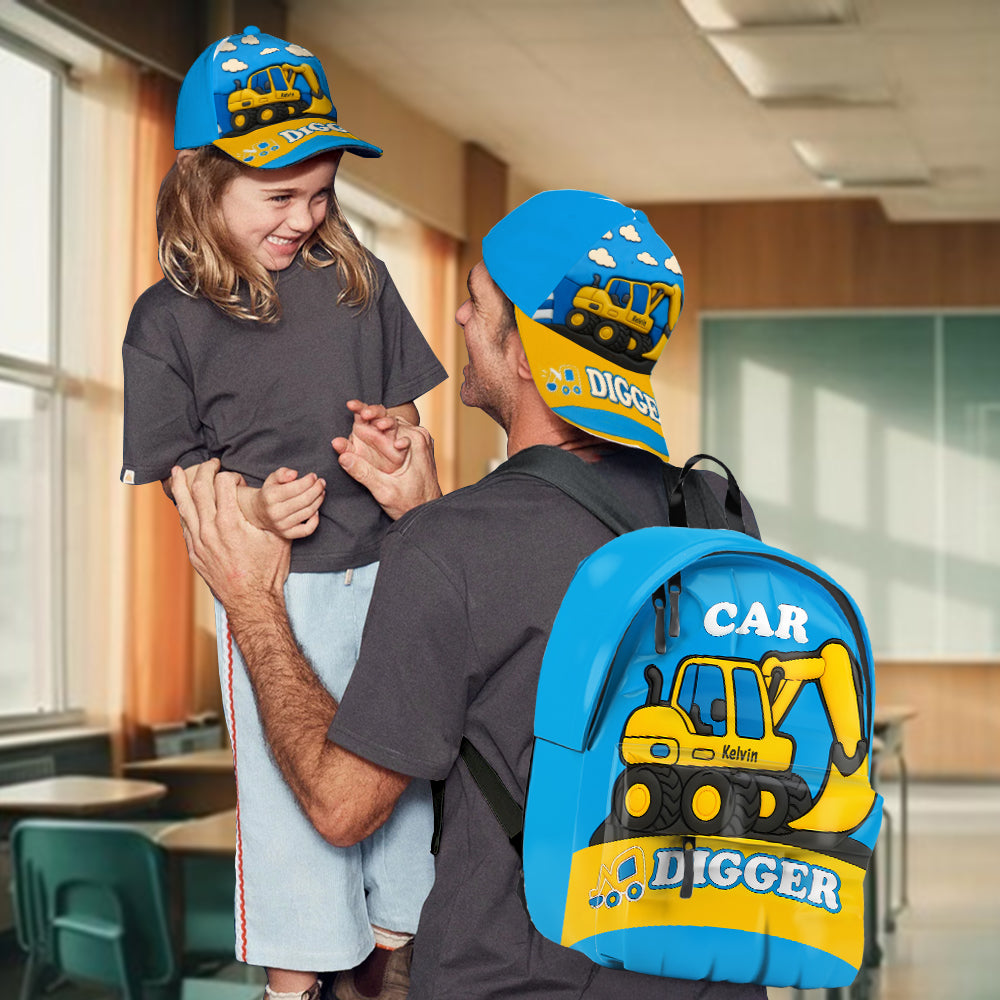 Cadeau enfant sur le thème de la pelleteuse : casquette et sac à dos classiques personnalisés.