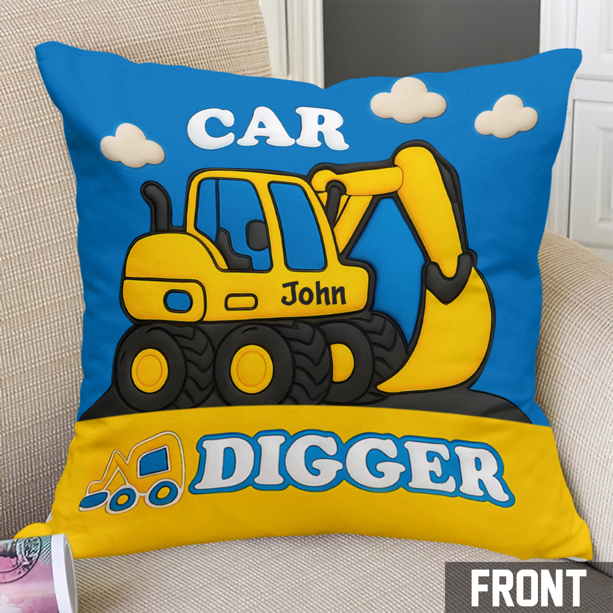 Coussin décoratif personnalisé pour enfant, motif pelleteuse - Cadeau mignon