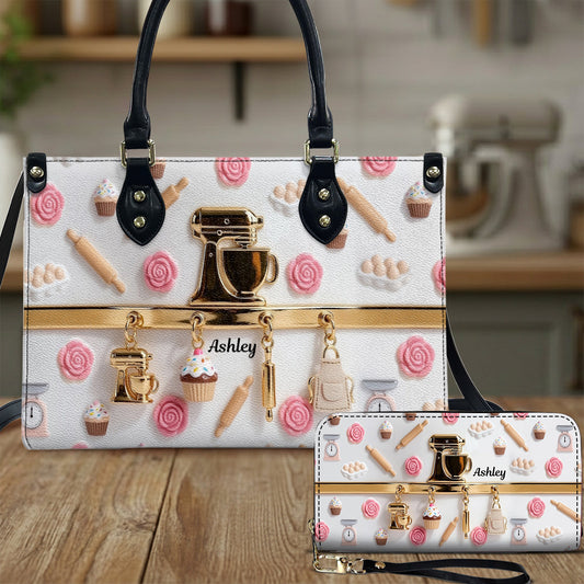 Charmes de pâtisserie - Sac à main en cuir personnalisé et portefeuille long en cuir